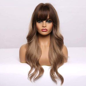 Ombre Black Brown Long Wave Hair Wigs with Bangs